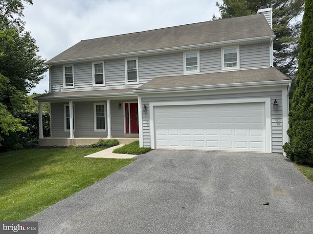 7140 Brangles Rd, Marriottsville, MD 21104 - view of front of property with asphalt driveway, a chimney, a front yard, a porch, and an attached garage