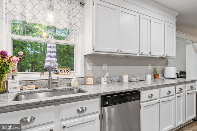 27073 Carrie Ct, Mechanicsville, MD 20659 - kitchen featuring stainless steel dishwasher, a sink, white cabinetry, and light stone counters