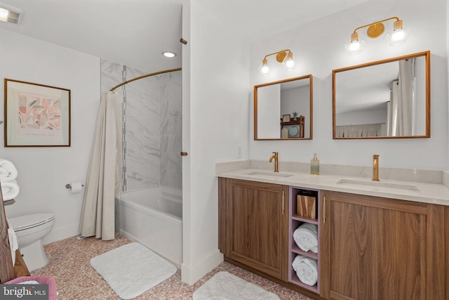 11111 Willow Bottom Dr, Columbia, MD 21044 - full bathroom with toilet, double vanity, baseboards, and shower / bathtub combination with curtain