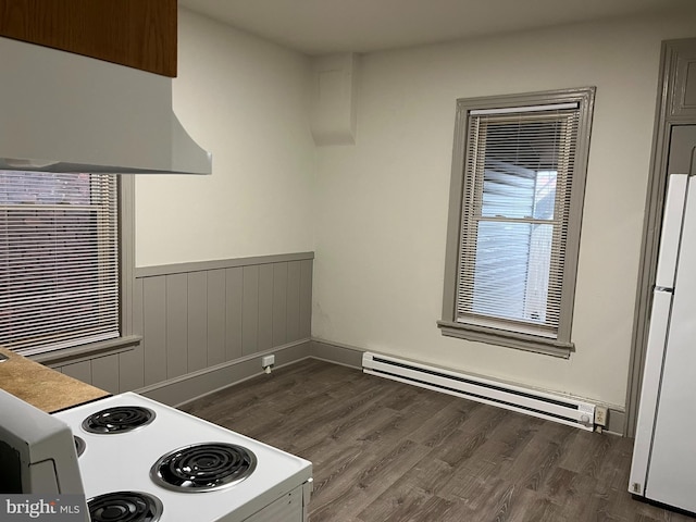 3 Third St, Pottstown, PA 19464 - kitchen with a baseboard radiator, white appliances, dark wood-style flooring, and wainscoting