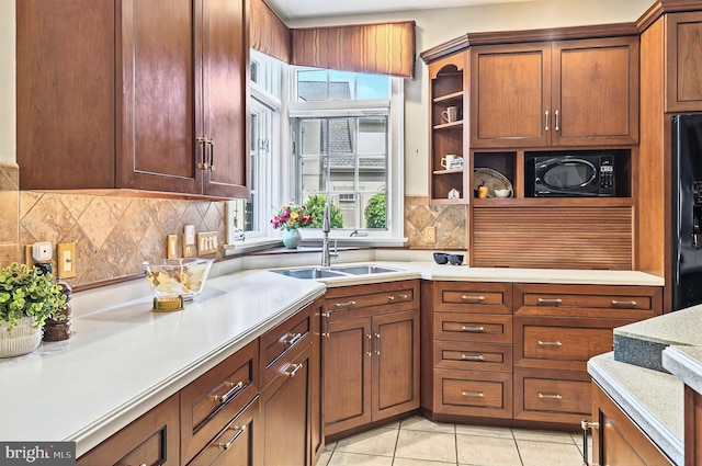 826 Bent Creek Dr, Lititz, PA 17543 - kitchen with black appliances, open shelves, light countertops, backsplash, and a sink