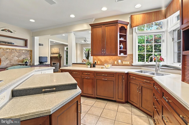 826 Bent Creek Dr, Lititz, PA 17543 - kitchen featuring a sink, decorative backsplash, light countertops, open shelves, and recessed lighting