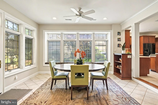 826 Bent Creek Dr, Lititz, PA 17543 - dining area featuring baseboards, decorative columns, light tile patterned floors, recessed lighting, and ceiling fan