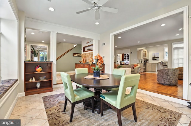 826 Bent Creek Dr, Lititz, PA 17543 - dining area featuring light tile patterned floors, decorative columns, healthy amount of natural light, recessed lighting, and ornamental molding