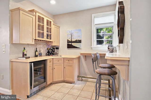 826 Bent Creek Dr, Lititz, PA 17543 - indoor bar featuring beverage cooler, light tile patterned floors, baseboards, decorative backsplash, and recessed lighting