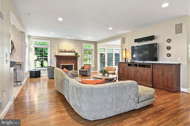 826 Bent Creek Dr, Lititz, PA 17543 - living room featuring wood finished floors, a glass covered fireplace, plenty of natural light, baseboards, and recessed lighting
