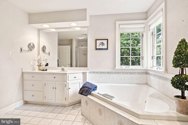 826 Bent Creek Dr, Lititz, PA 17543 - bathroom with vanity, tile patterned floors, a shower stall, and a tub with jets
