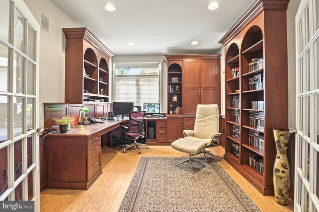 826 Bent Creek Dr, Lititz, PA 17543 - office area featuring light wood-type flooring, french doors, built in study area, and recessed lighting