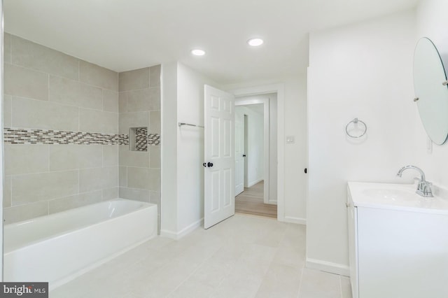 395 Main St, Cedarville, NJ 08311 - bathroom featuring baseboards, recessed lighting, vanity, tile patterned floors, and shower / bath combination