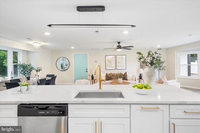 214 Kennard Ave, Edgewood, MD 21040 - kitchen with dishwasher, a sink, open floor plan, white cabinetry, and recessed lighting