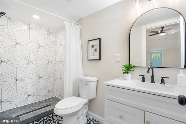 214 Kennard Ave, Edgewood, MD 21040 - bathroom with vanity, tiled shower, toilet, and ceiling fan