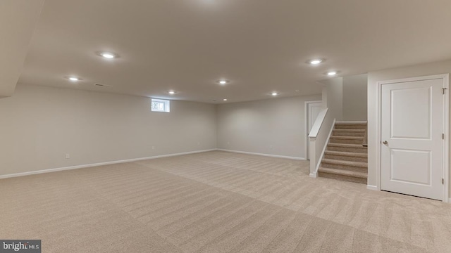 139 Erica Ln, Columbia, PA 17512 - basement featuring light colored carpet, recessed lighting, stairway, and baseboards