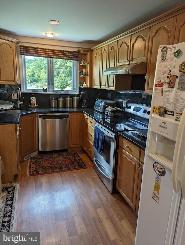 2834 E Boss Arnold Rd, Jefferson, MD 21755 - kitchen featuring stainless steel appliances, under cabinet range hood, a sink, decorative backsplash, and wood finished floors