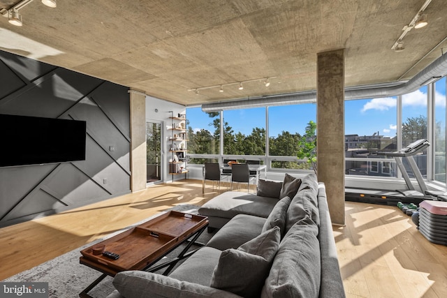 1200 Steuart St Unit 326, Baltimore, MD 21230 - living room featuring track lighting, wood-type flooring, and healthy amount of natural light