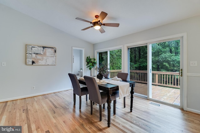 830 Willow Way, Prince Frederick, MD 20678 - dining room with vaulted ceiling, light wood-type flooring, a ceiling fan, and baseboards