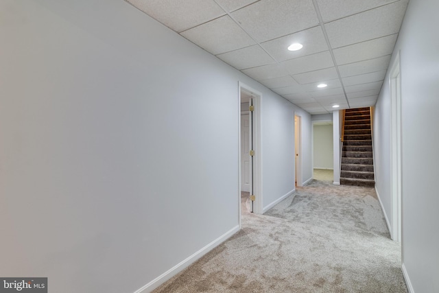 830 Willow Way, Prince Frederick, MD 20678 - hallway featuring carpet flooring, stairway, recessed lighting, baseboards, and a paneled ceiling