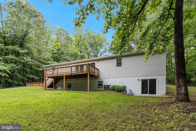 830 Willow Way, Prince Frederick, MD 20678 - back of property featuring a wooden deck, central AC, stairway, and a yard