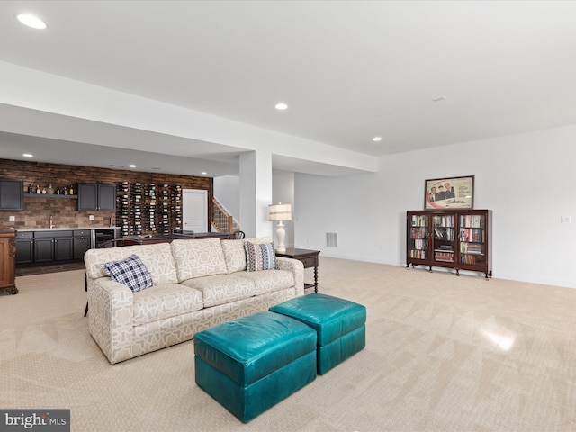 103 Titmouse Ct, Lake Frederick, VA 22630 - living area featuring light colored carpet, wet bar, stairs, and recessed lighting