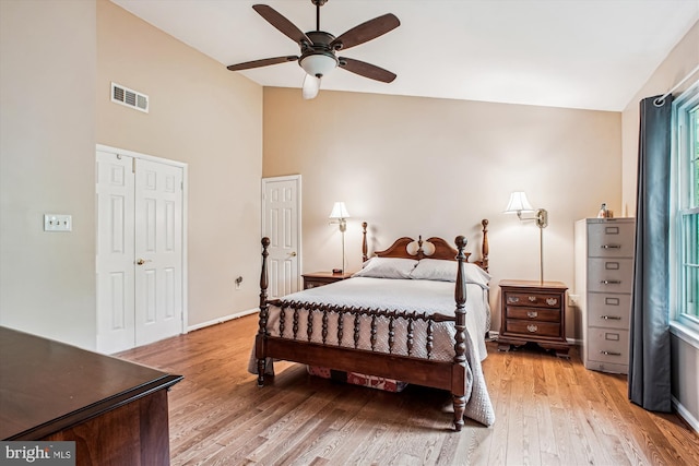5441 Gladewright Dr, Centreville, VA 20120 - bedroom featuring light wood-type flooring, baseboards, ceiling fan, and high vaulted ceiling