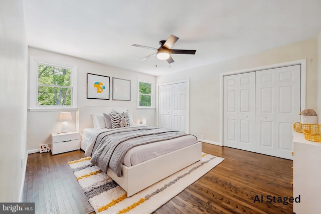 7715 Doe Ln, Glenside, PA 19038 - bedroom featuring multiple closets, hardwood / wood-style floors, baseboards, and ceiling fan