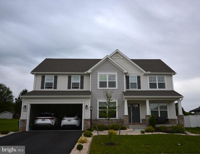 6320 Neha Dr, Mechanicsburg, PA 17050 - view of front facade featuring asphalt driveway, a porch, stone siding, and a front yard
