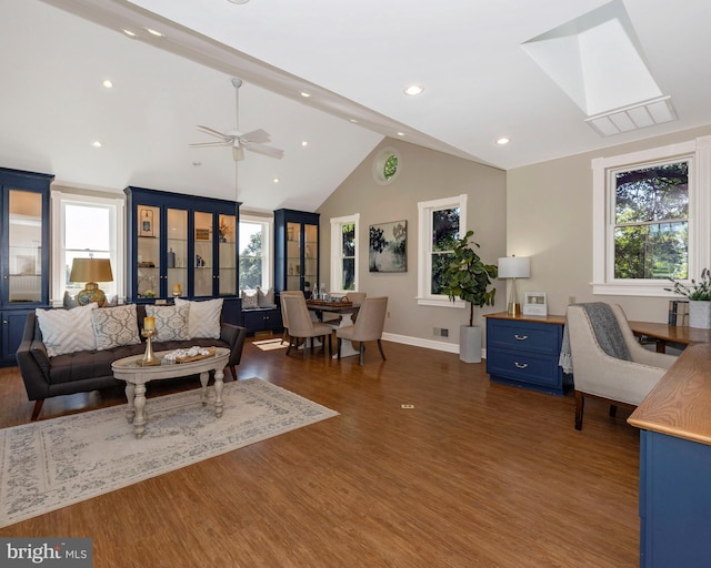 8423 Yellow Springs Rd, Frederick, MD 21702 - living area with a ceiling fan, dark wood-style floors, baseboards, high vaulted ceiling, and recessed lighting