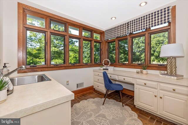 8423 Yellow Springs Rd, Frederick, MD 21702 - home office with a sink, baseboards, built in study area, and recessed lighting