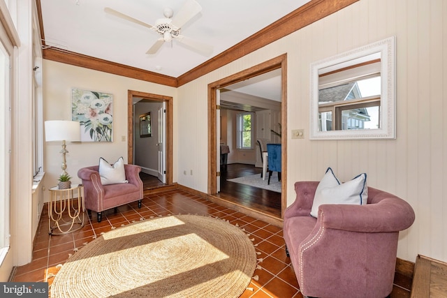 8423 Yellow Springs Rd, Frederick, MD 21702 - sitting room featuring tile patterned flooring, a ceiling fan, and ornamental molding