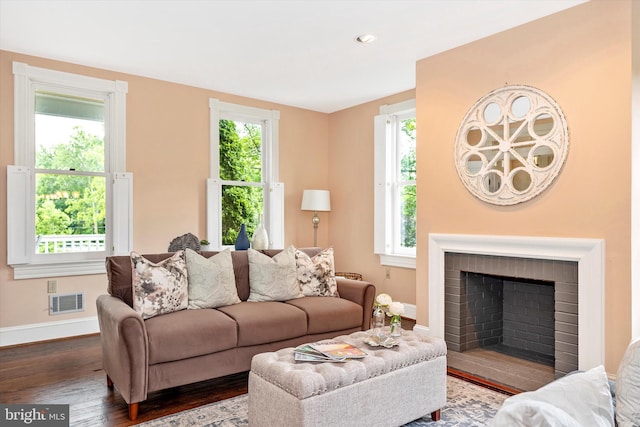 8423 Yellow Springs Rd, Frederick, MD 21702 - living area featuring baseboards, dark wood-style floors, a brick fireplace, and recessed lighting