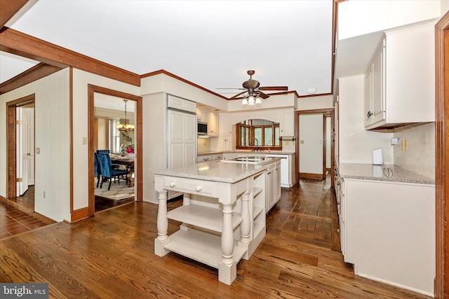 8423 Yellow Springs Rd, Frederick, MD 21702 - kitchen with open shelves, ceiling fan, white cabinets, a sink, and a chandelier