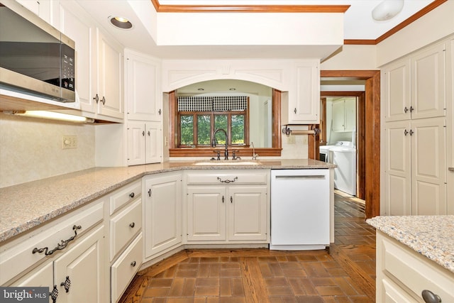 8423 Yellow Springs Rd, Frederick, MD 21702 - kitchen featuring stainless steel microwave, a sink, dishwasher, white cabinetry, and tasteful backsplash