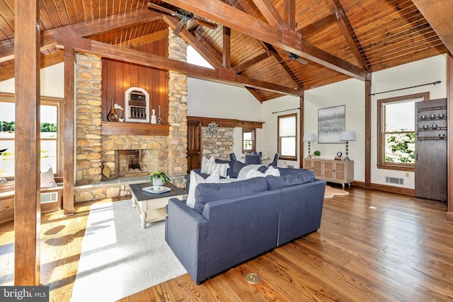 8423 Yellow Springs Rd, Frederick, MD 21702 - living area with wood ceiling with exposed beams, healthy amount of natural light, a fireplace, wood finished floors, and high vaulted ceiling