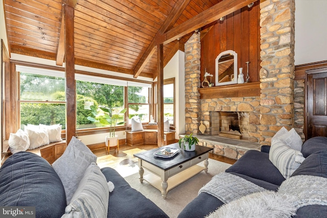 8423 Yellow Springs Rd, Frederick, MD 21702 - living room with wood ceiling, plenty of natural light, and a fireplace