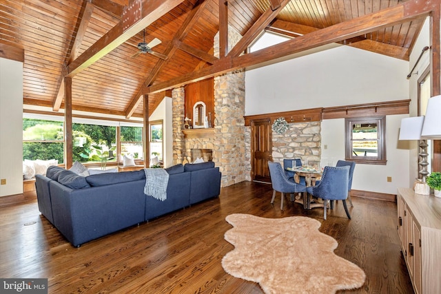 8423 Yellow Springs Rd, Frederick, MD 21702 - living area featuring wooden ceiling with exposed beams, high vaulted ceiling, a fireplace, hardwood / wood-style floors, and baseboards