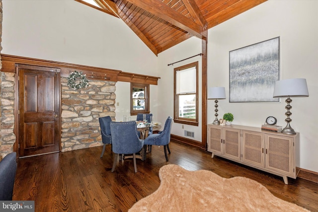 8423 Yellow Springs Rd, Frederick, MD 21702 - dining area with wooden ceiling with exposed beams, wood finished floors, high vaulted ceiling, and baseboards