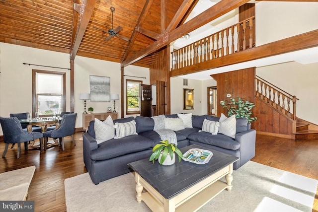 8423 Yellow Springs Rd, Frederick, MD 21702 - living room with plenty of natural light, wood finished floors, stairs, wood ceiling with exposed beams, and high vaulted ceiling