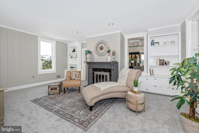 8423 Yellow Springs Rd, Frederick, MD 21702 - carpeted living area featuring a premium fireplace, ornamental molding, and built in features