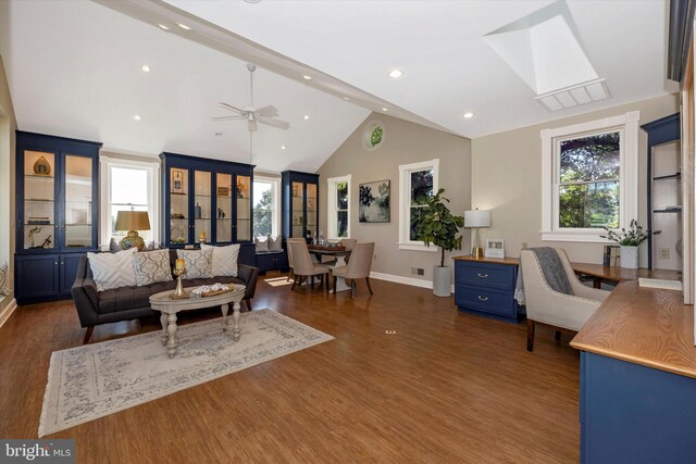 8423 Yellow Springs Rd, Frederick, MD 21702 - living area with dark wood-style flooring, plenty of natural light, baseboards, ceiling fan, and high vaulted ceiling