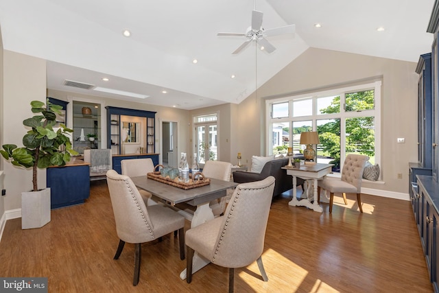 8423 Yellow Springs Rd, Frederick, MD 21702 - dining room featuring high vaulted ceiling, wood finished floors, baseboards, a ceiling fan, and recessed lighting