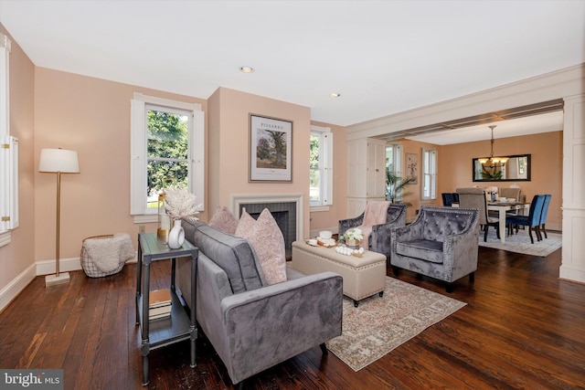8423 Yellow Springs Rd, Frederick, MD 21702 - living room with a chandelier, dark wood finished floors, baseboards, and recessed lighting