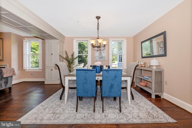 8423 Yellow Springs Rd, Frederick, MD 21702 - dining area with a chandelier, baseboards, and dark wood-type flooring