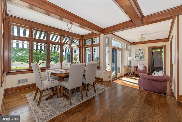 8423 Yellow Springs Rd, Frederick, MD 21702 - dining space featuring plenty of natural light, baseboards, wood finished floors, beamed ceiling, and coffered ceiling