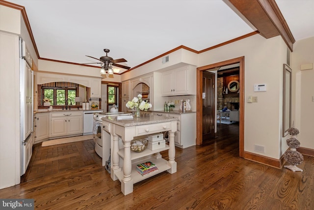 8423 Yellow Springs Rd, Frederick, MD 21702 - kitchen featuring open shelves, a ceiling fan, white cabinetry, a center island with sink, and ornamental molding