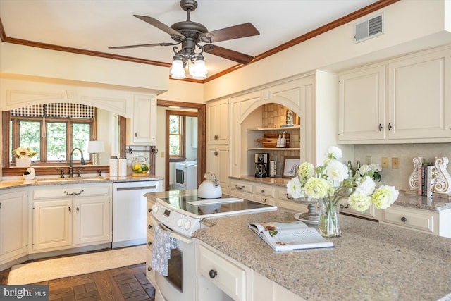 8423 Yellow Springs Rd, Frederick, MD 21702 - kitchen with dishwasher, white electric range oven, a sink, a ceiling fan, and crown molding