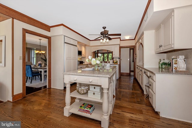 8423 Yellow Springs Rd, Frederick, MD 21702 - kitchen with open shelves, a chandelier, stainless steel microwave, light stone counters, and crown molding