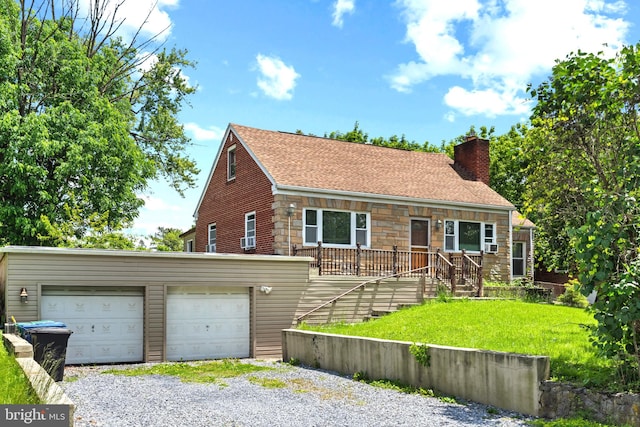 201 Village Rd, Harrisburg, PA 17112 - view of front of home featuring a chimney, a garage, stone siding, roof with shingles, and a front yard