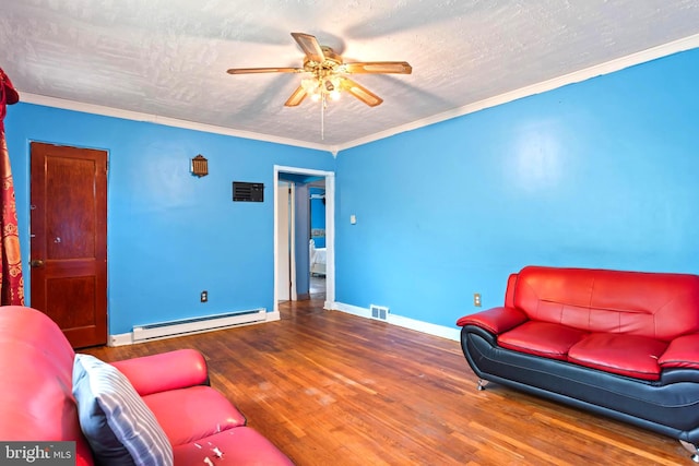 201 Village Rd, Harrisburg, PA 17112 - living area featuring a baseboard heating unit, a ceiling fan, baseboards, wood finished floors, and crown molding