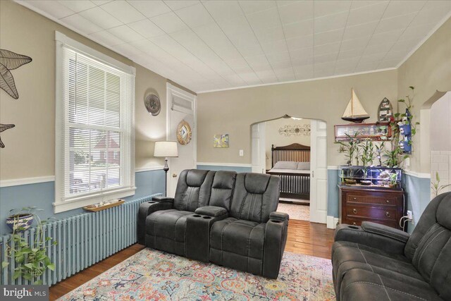 410 Windsor St, Wyomissing, PA 19610 - living room featuring wood finished floors, crown molding, arched walkways, and radiator