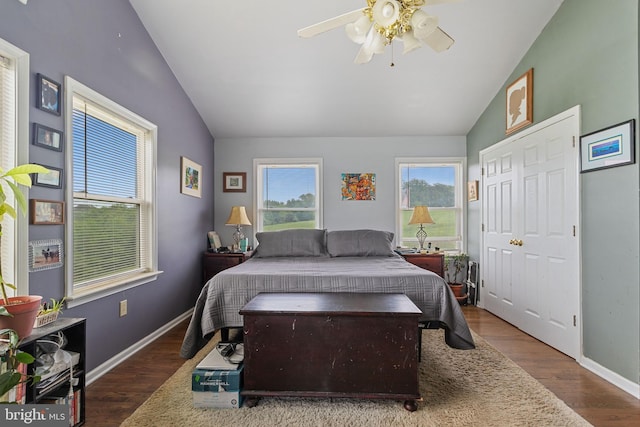 9997 Baltimore National Pike, Myersville, MD 21773 - bedroom with lofted ceiling, wood finished floors, baseboards, and ceiling fan
