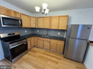 2012 E Glenwood Ave, Philadelphia, PA 19124 - kitchen with appliances with stainless steel finishes, a sink, a chandelier, light wood-style floors, and backsplash